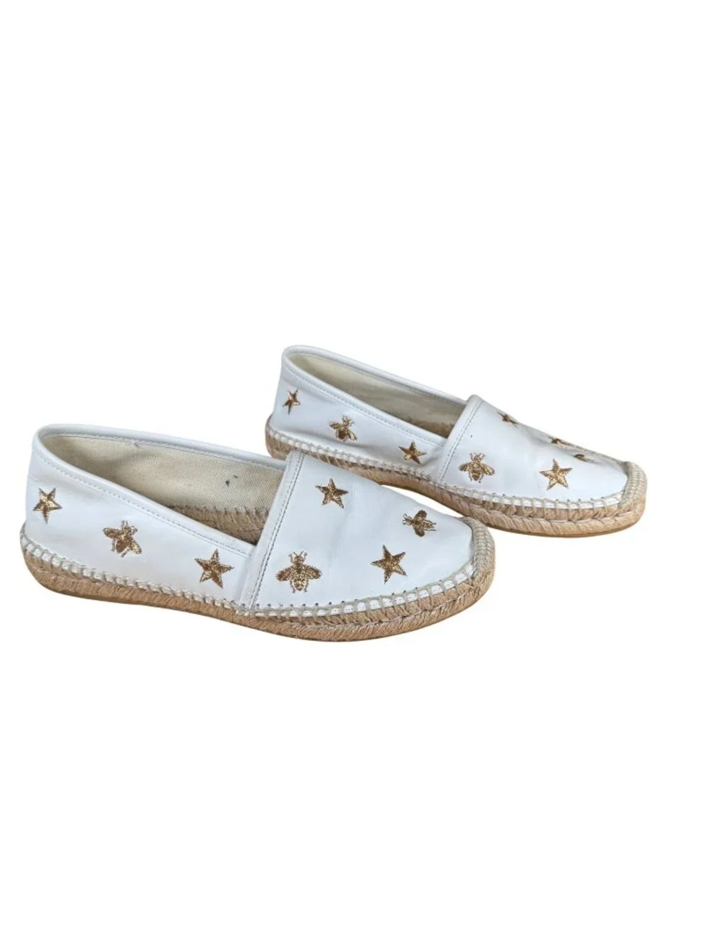 Gucci White Leather Pilar Bee Embroidered Espadrilles Shoes Size EU 37 US 7